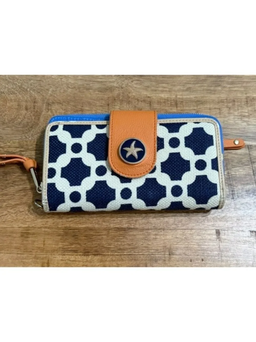 Spartina 449 May River Wallet Starfish Linen Leather Tan Navy White Snap Zip Aro